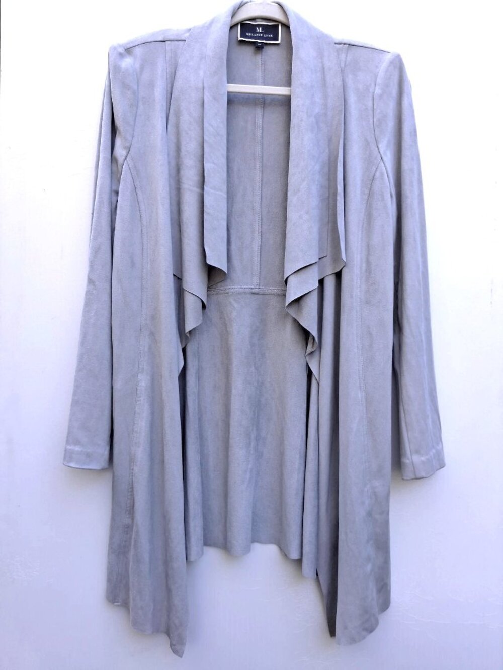 MELANIE LYNE faux suede long draped raw edge open front cardigan, gray (Size 10)
